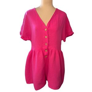 Emily Rose Barbie Pink Button Front V-Neck Romper, Size L